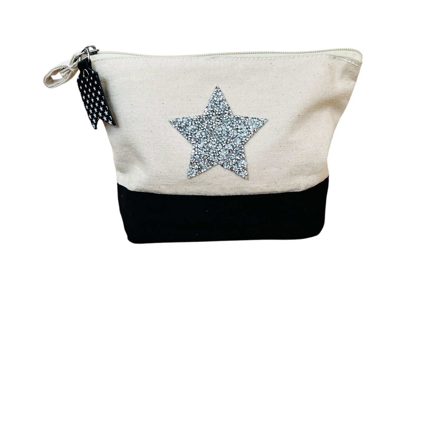 JenDore Handmade Natural & Black Pouch with Silver Bling Star & Leather Charm – 7x8.25x2” | Bold & Stylish Accessory