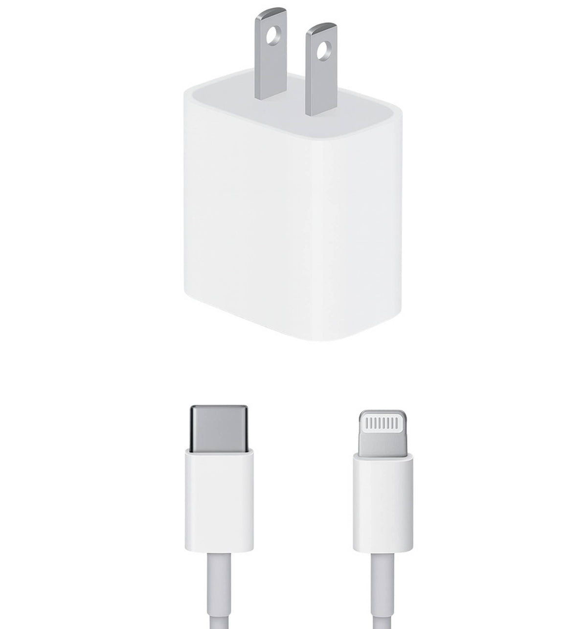 White wall charger plug with two metal prongs above a matching white USB-C to Lightning cable on a plain white background.