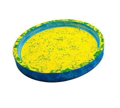 JenDore Bandeja de tocador circular de cerámica hecha a mano con salpicaduras amarillas y azules