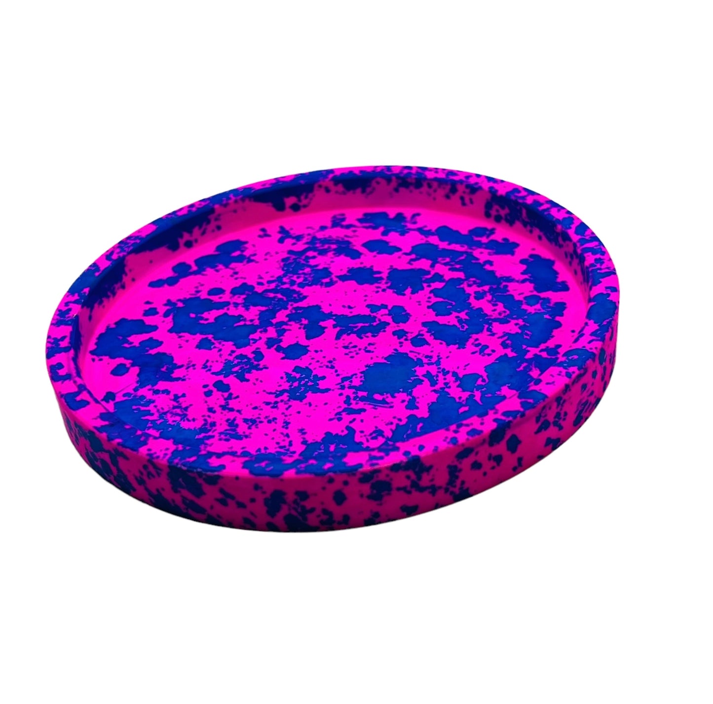 JenDore Bandeja de tocador circular de cerámica hecha a mano con salpicaduras de color rosa y azul intenso