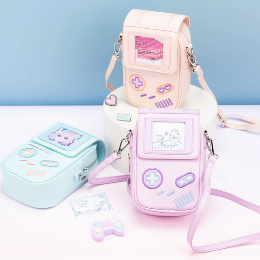 Kawaii Gamer Girl Crossbody Pouch Bag – Blue, Pink & Purple