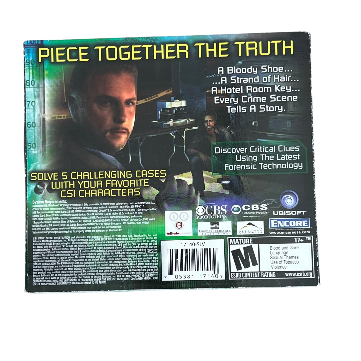 Back cover of the video game 'Piece Together the Truth' for the PlayStation 1, featuring a dark design with a man's portrait, game text, and publisher logos including CBS, CBS Interactive, and Ubisoft.