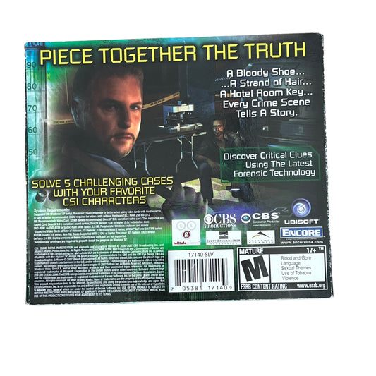 Back cover of the video game 'Piece Together the Truth' for the PlayStation 1, featuring a dark design with a man's portrait, game text, and publisher logos including CBS, CBS Interactive, and Ubisoft.
