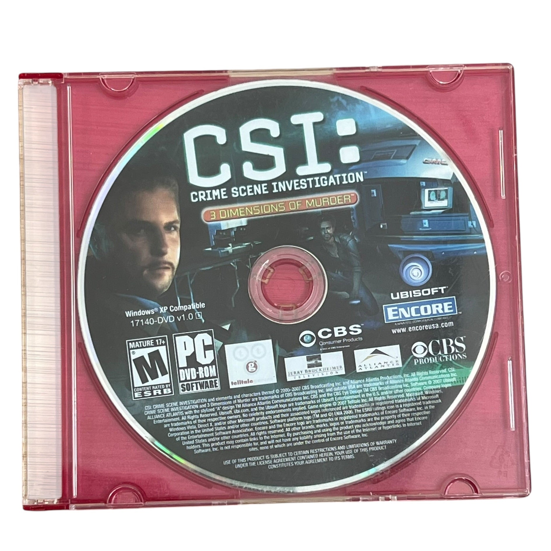 A single CD game disc for 'CSI: Crime Scene Investigation' in a translucent pink jewel case, photographed on a plain white background.