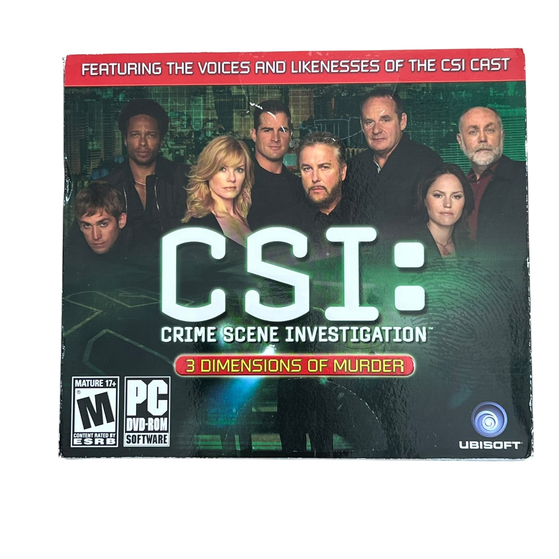 CSI: Crime Scene Investigation - 3 Dimensions of Murder PC DVD-ROM game box by Ubisoft, featuring cast members on the cover art with a red banner at the top and an M rating logo in the lower left.
