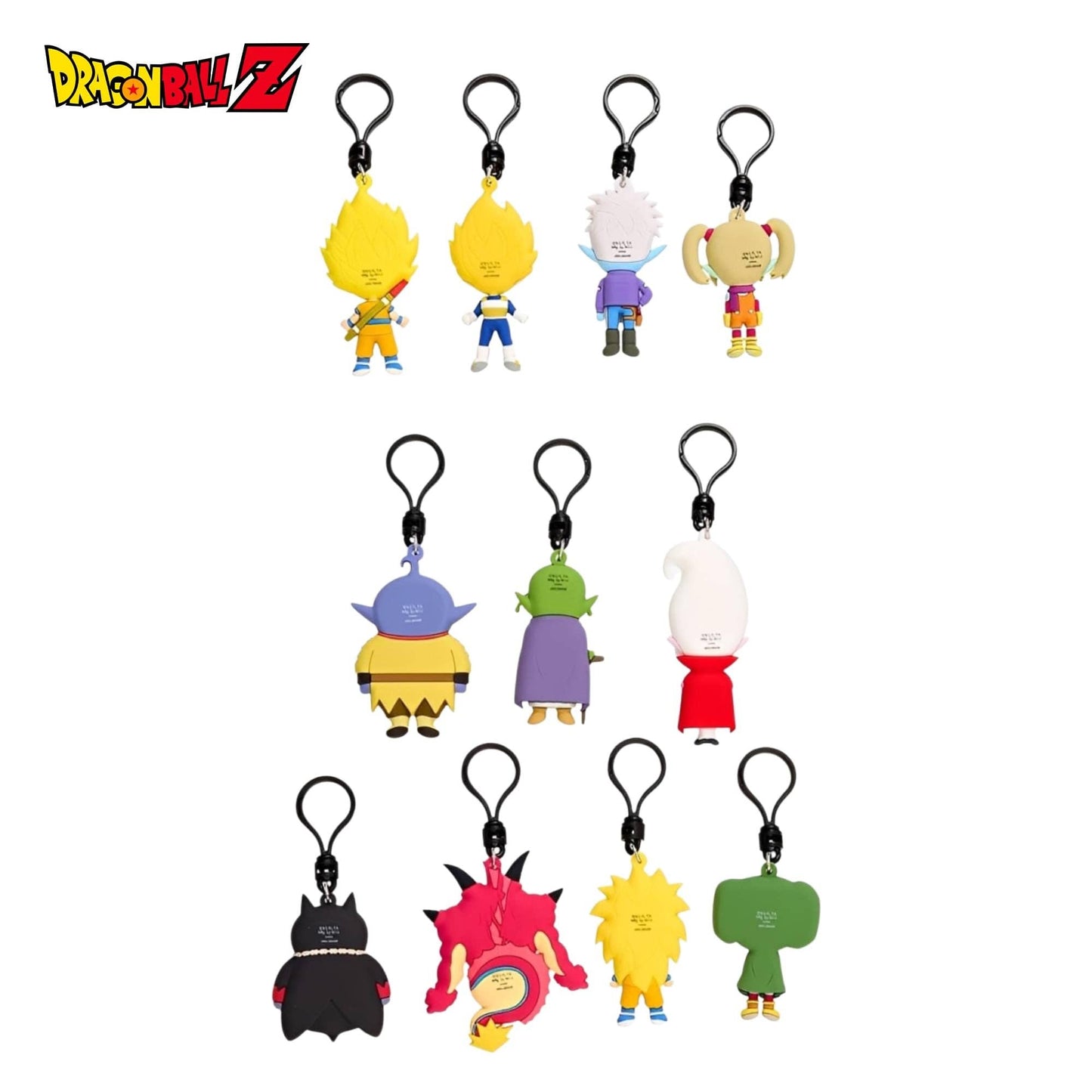 A set of Dragon Ball Z character keychain charms arranged on a plain white background, with the Dragon Ball Z logo in the top-left corner. The collection includes multiple small anime characters attached to black metal key rings.