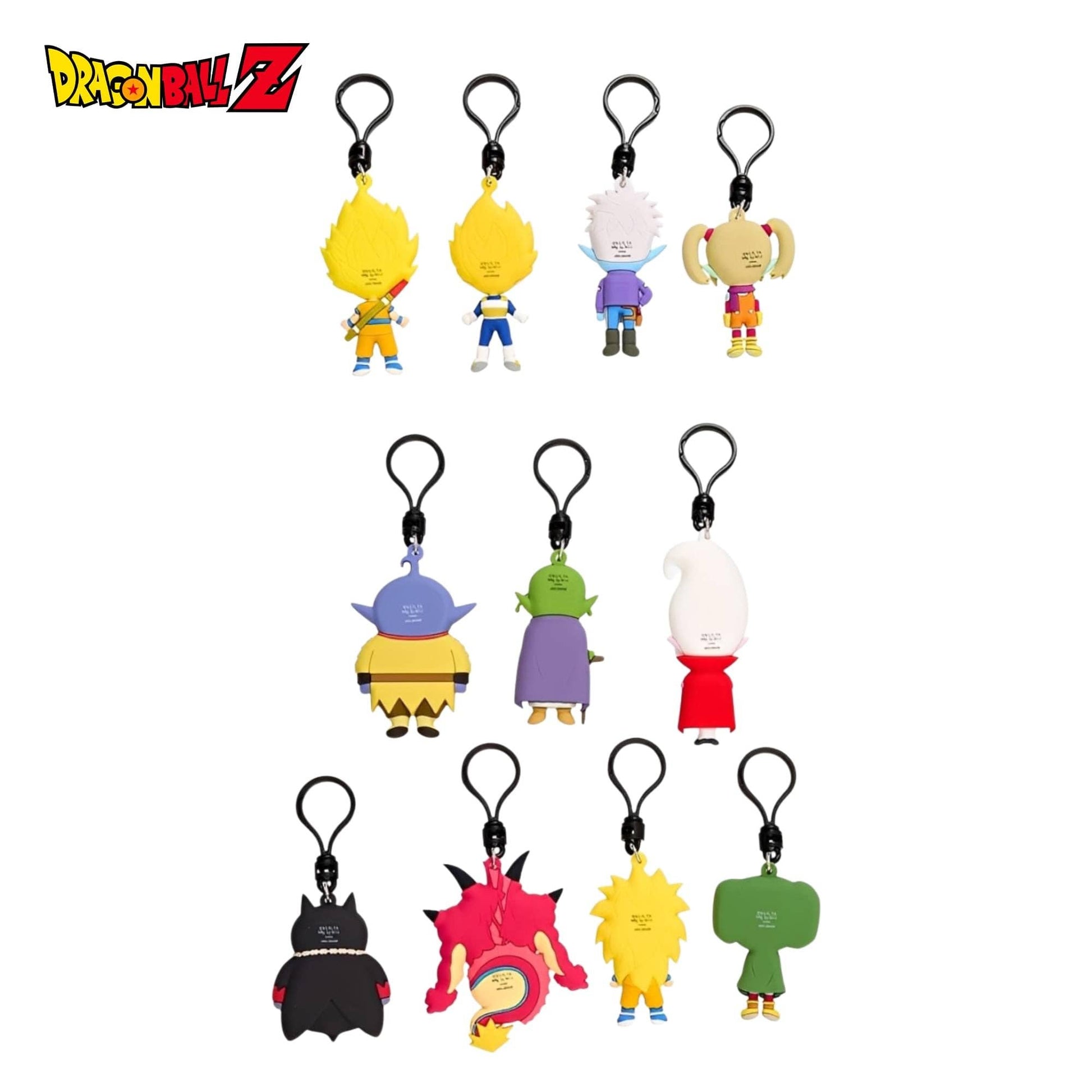 A set of Dragon Ball Z character keychain charms arranged on a plain white background, with the Dragon Ball Z logo in the top-left corner. The collection includes multiple small anime characters attached to black metal key rings.