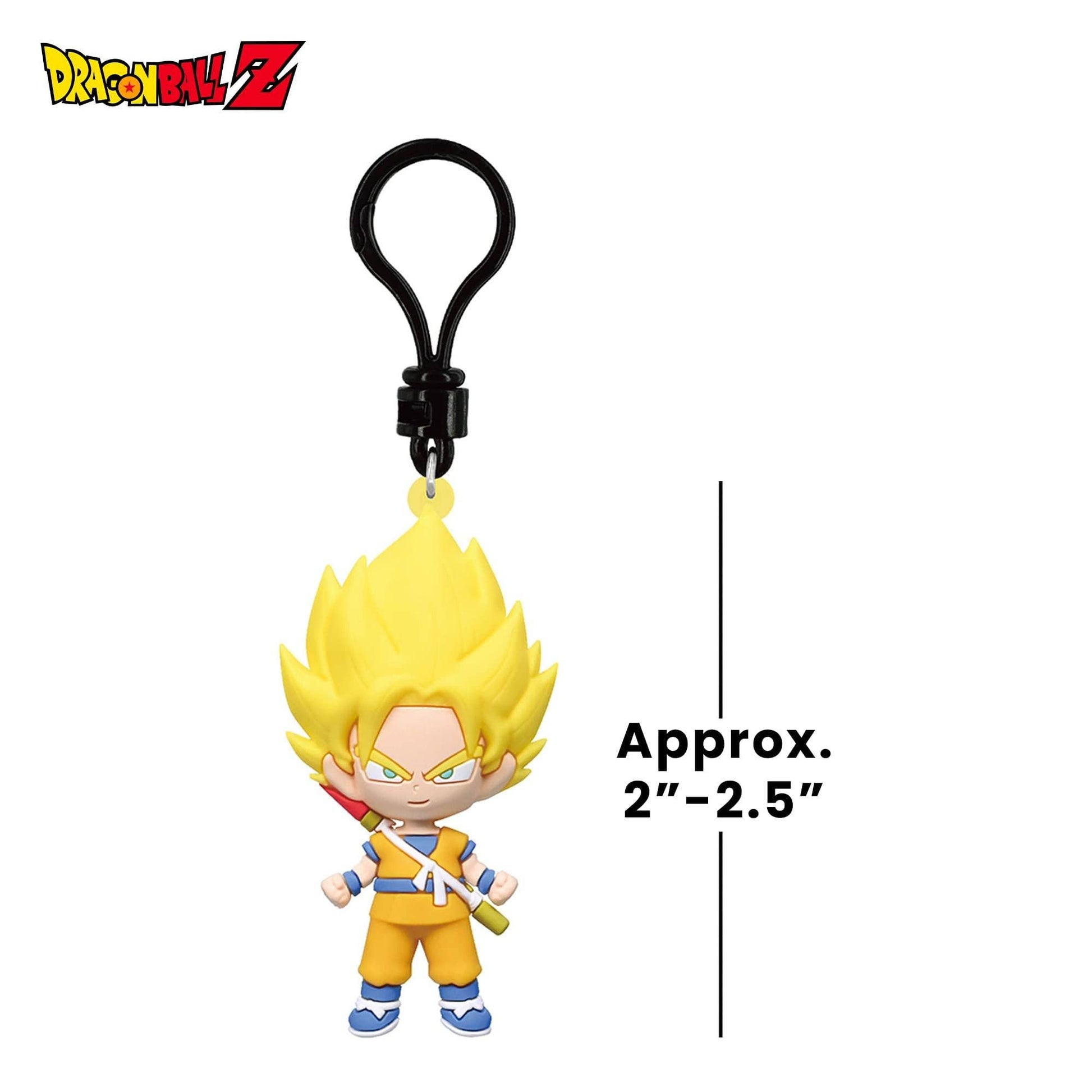 Dragon Ball Z Super Saiyan Gohan keychain figure with a black plastic clip, shown with a height measurement of 2"-2.5" on a white background.