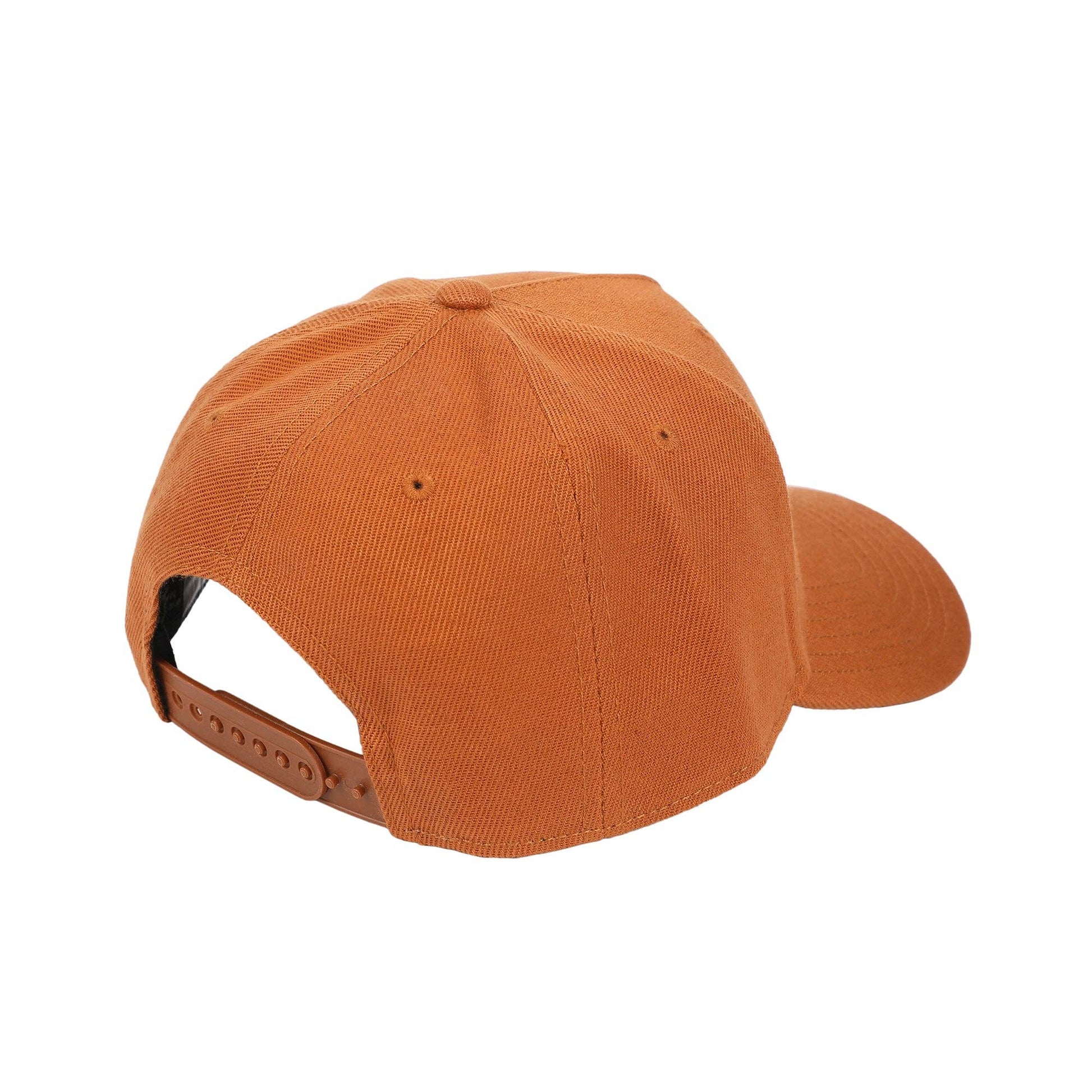 Orange cap with a brown leather strap on a white background