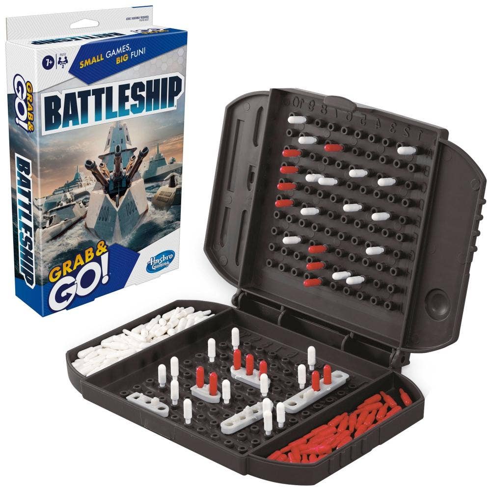 Battleship grab-and-play game set shown with its retail box and the open plastic game board. The board contains white and red ship components arranged on a black grid, with additional white and red pieces in compartments.