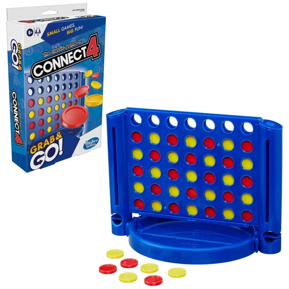 Connect 4 game set with blue board and colored discs, next to its packaging.