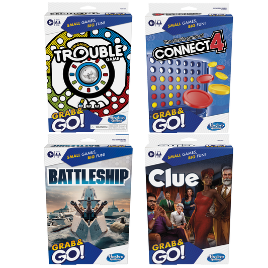 Four boxed board games arranged in a 2x2 grid on a white background: Trouble Game Grab & Go!, Connect 4 Grab & Go!, Battleship Grab & Go!, and Clue Grab & Go!. Each package shows the Hasbro logo and the phrase 'Small Games, Big Fun!'.