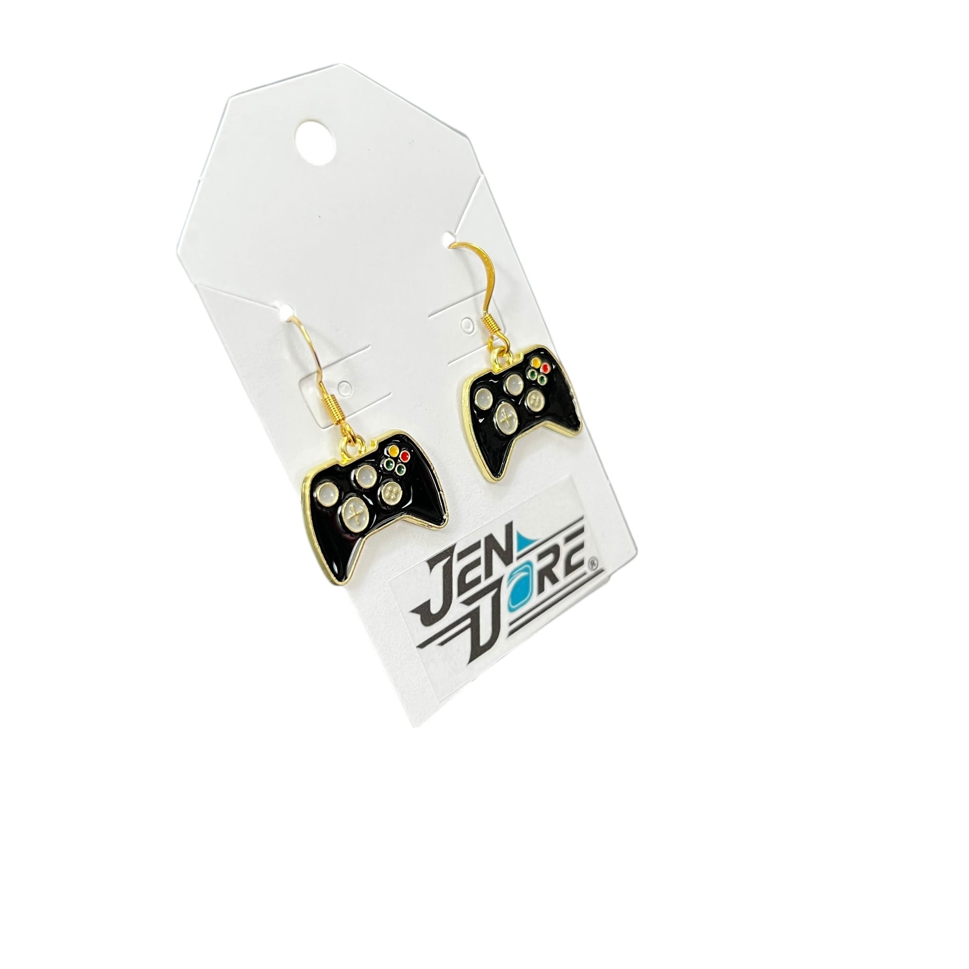 Handmade black gaming controller earrings with 18K gold plated stainless steel hooks, hypoallergenic and lightweight.