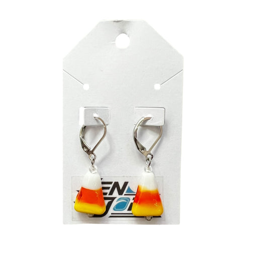 Handmade candy corn earrings with hypoallergenic stainless steel leverback hooks, lightweight nickel-free dangle jewelry by JenDore.