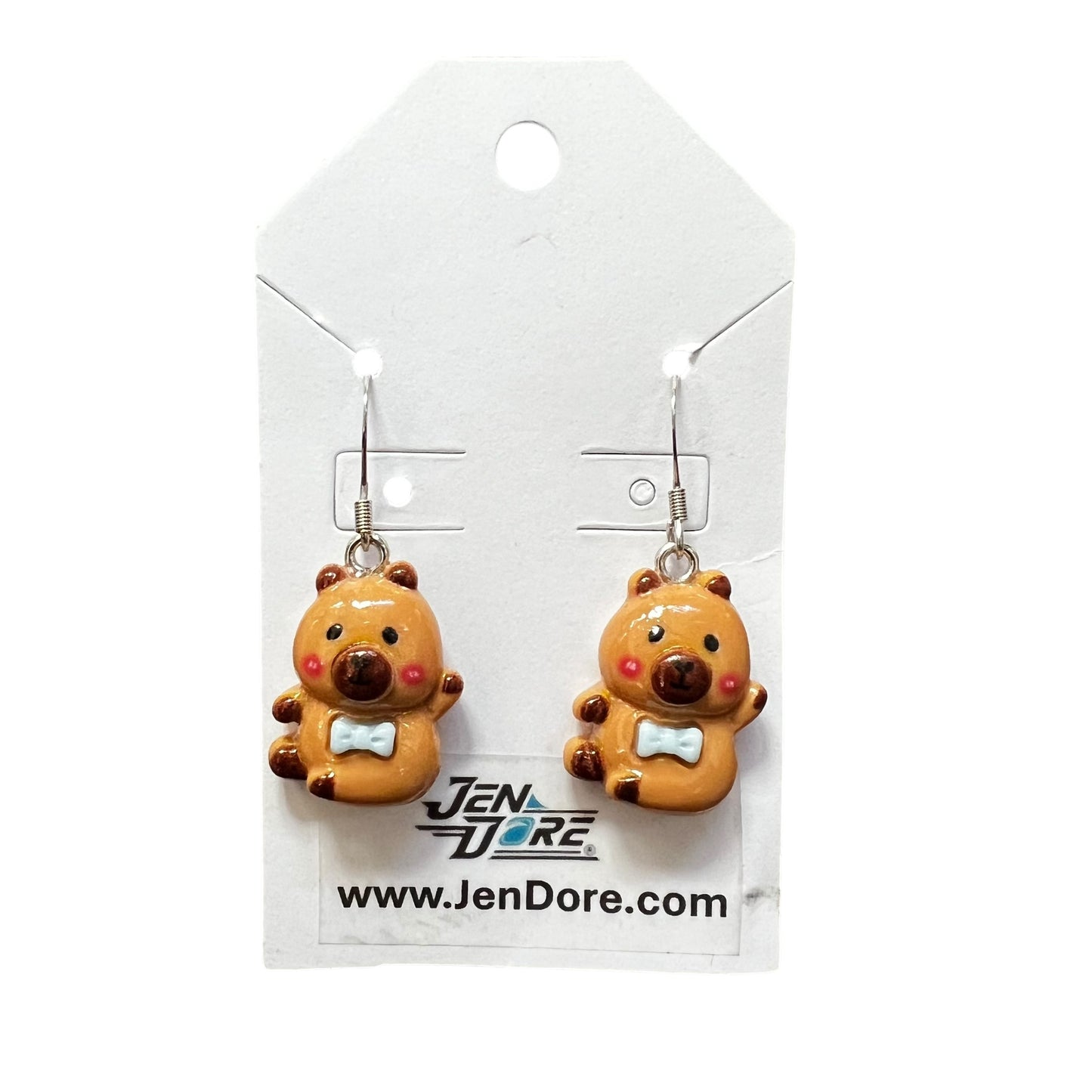 Handmade capybara earrings with hypoallergenic stainless steel hooks, lightweight dangle jewelry by JenDore.