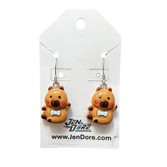 Handmade capybara earrings with hypoallergenic stainless steel hooks, lightweight dangle jewelry by JenDore.