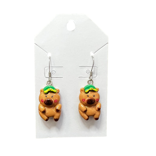Handmade capybara earrings with hypoallergenic stainless steel hooks, lightweight dangle jewelry by JenDore.