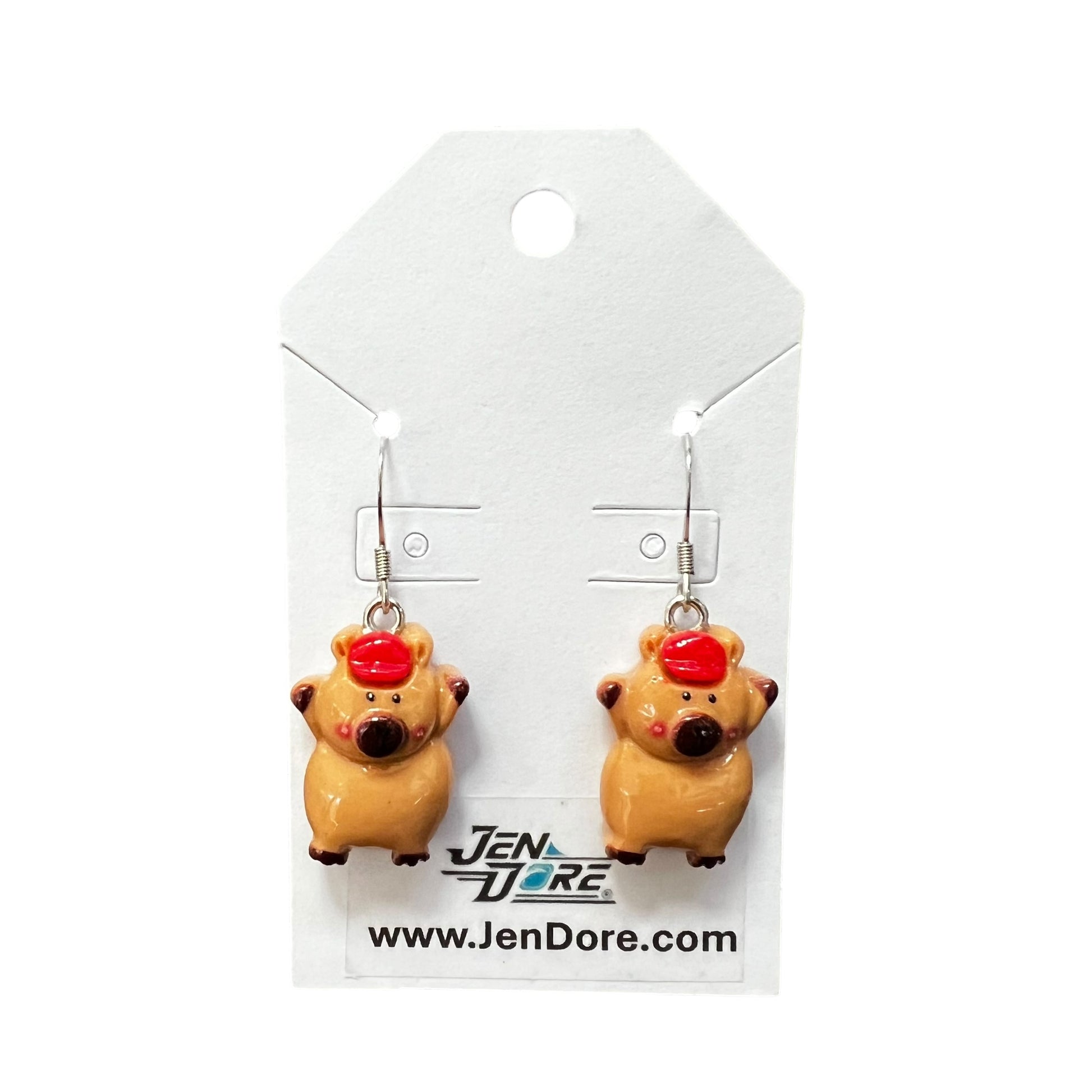 Handmade capybara earrings with hypoallergenic stainless steel hooks, lightweight dangle jewelry by JenDore.