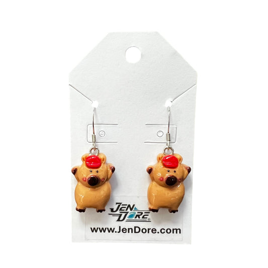 Handmade capybara earrings with hypoallergenic stainless steel hooks, lightweight dangle jewelry by JenDore.
