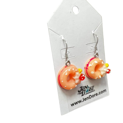 Handmade donut earrings with hypoallergenic stainless steel hooks, lightweight nickel-free dangle jewelry by JenDore.