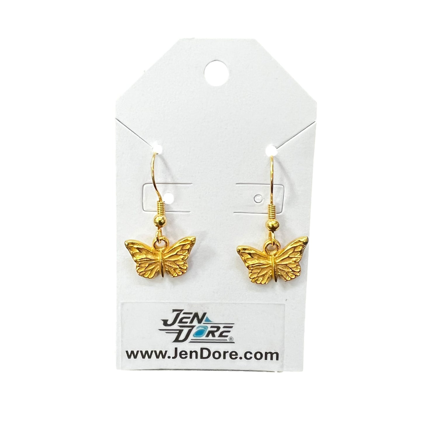 Handmade gold butterfly earrings with 18K gold plated stainless steel hooks.