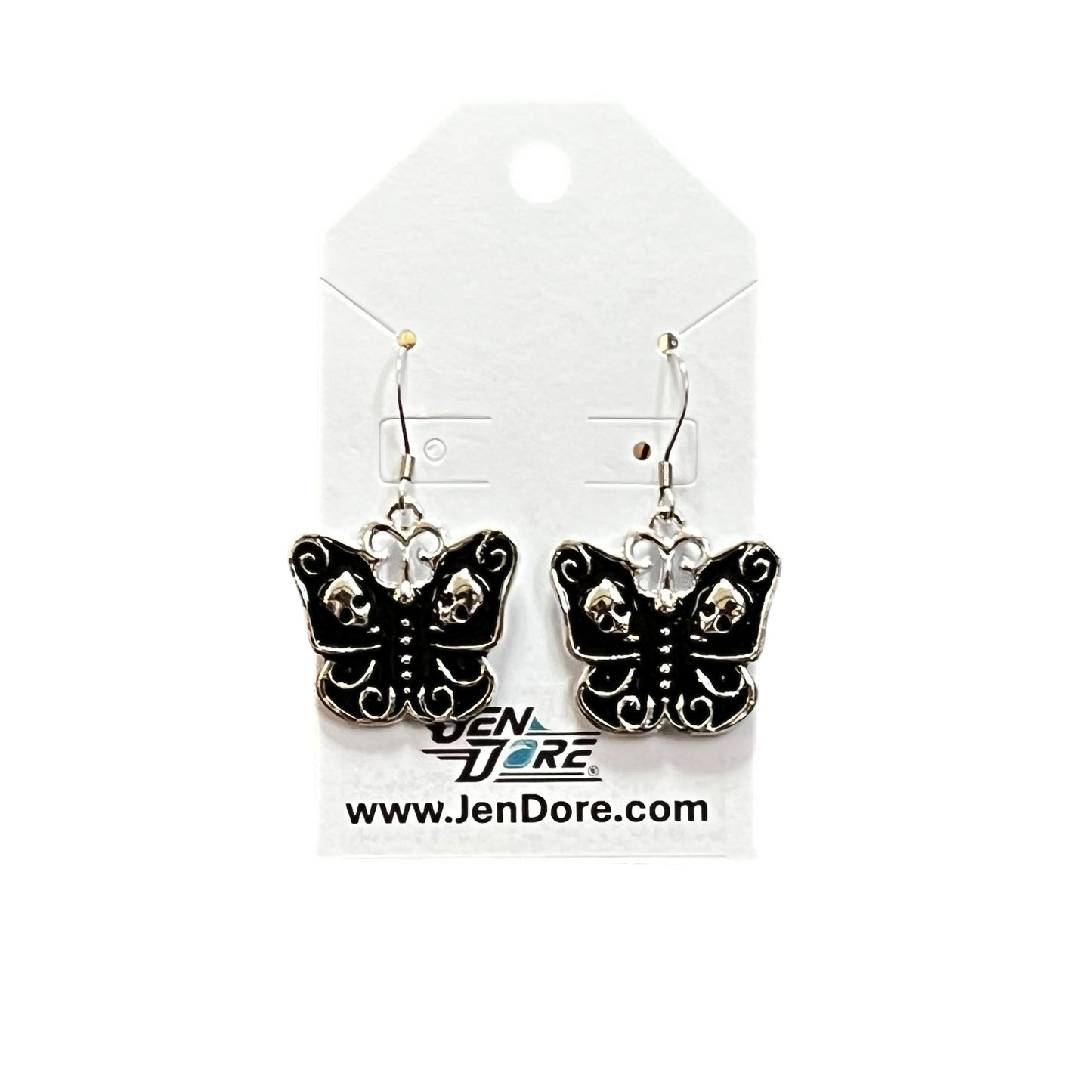 Handmade Gothic Black Butterfly Stainless Steel Dangle Earrings by JenDore on display card