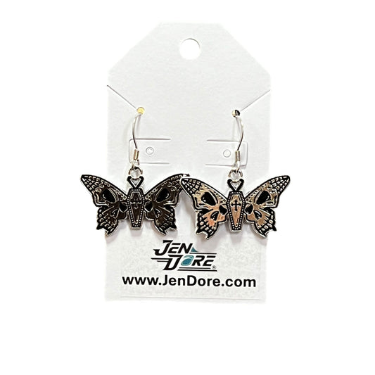Handmade Gothic Black Butterfly Stainless Steel Dangle Earrings by JenDore on display card