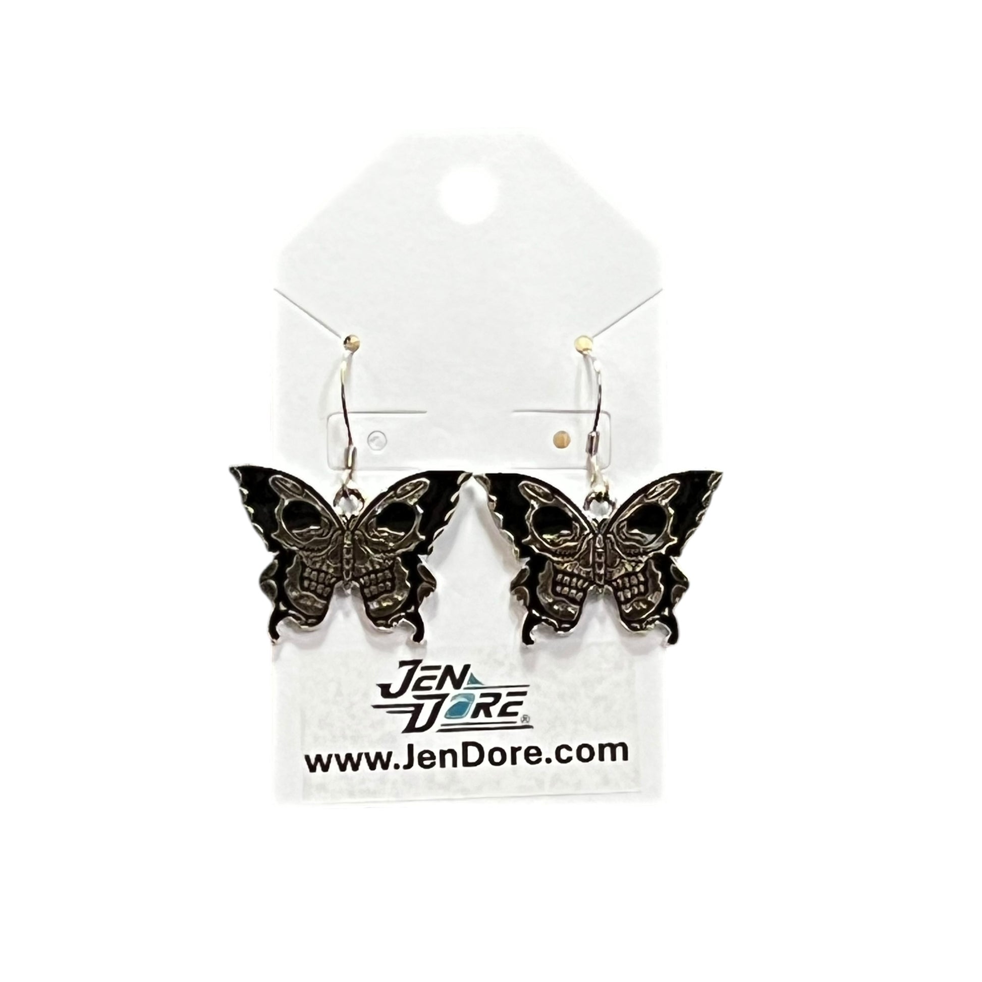 Handmade Gothic Black Butterfly Stainless Steel Dangle Earrings by JenDore on display card