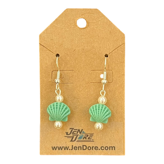 JenDore earrings with green shell and pearl design on a brown card.