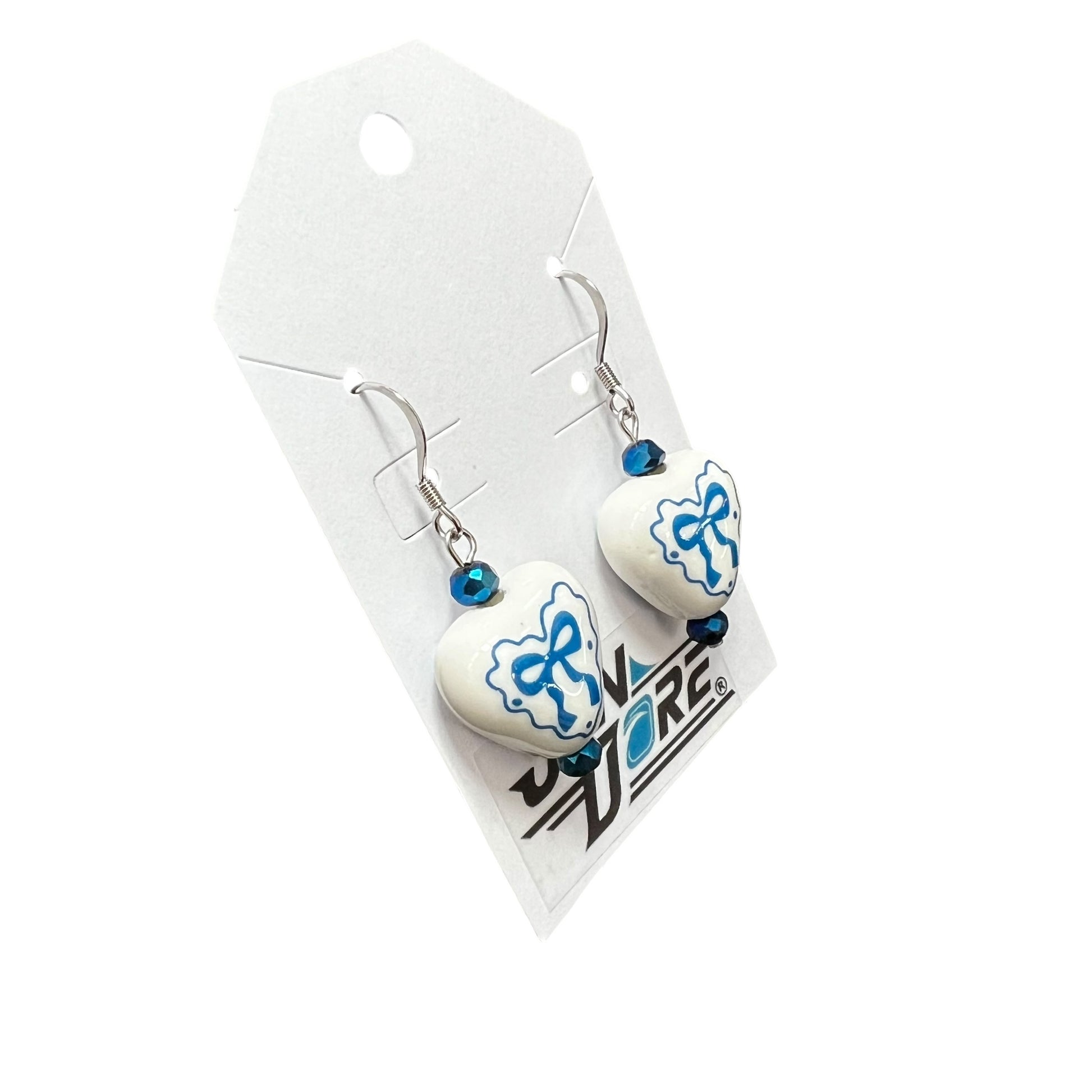 Handmade blue bow heart stainless steel earrings by JenDore, hypoallergenic lightweight jewelry