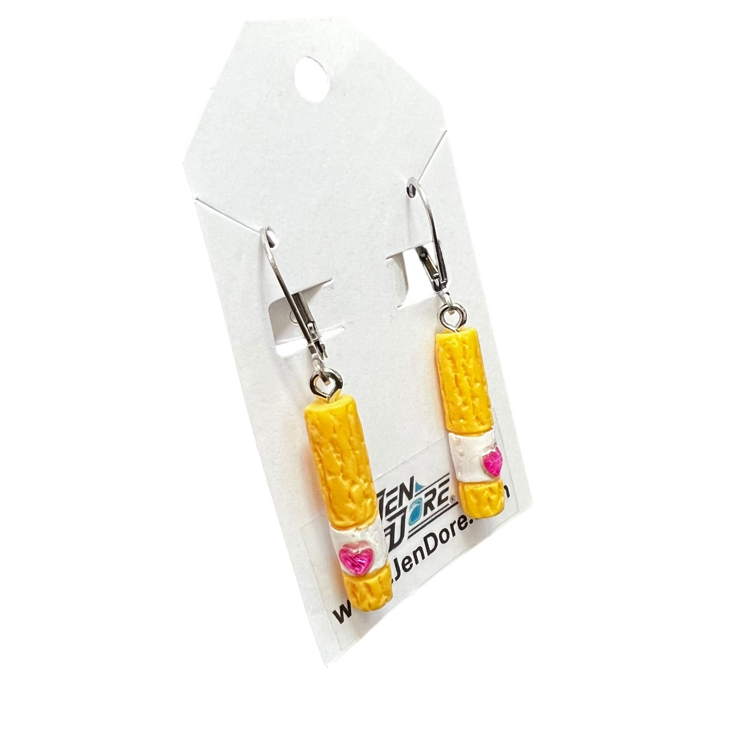 Handmade churros earrings with pink heart on stainless steel hooks by JenDore