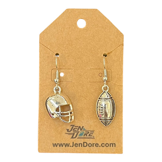 Pair of silver football helmet and ball earrings on a JenDore branded card.