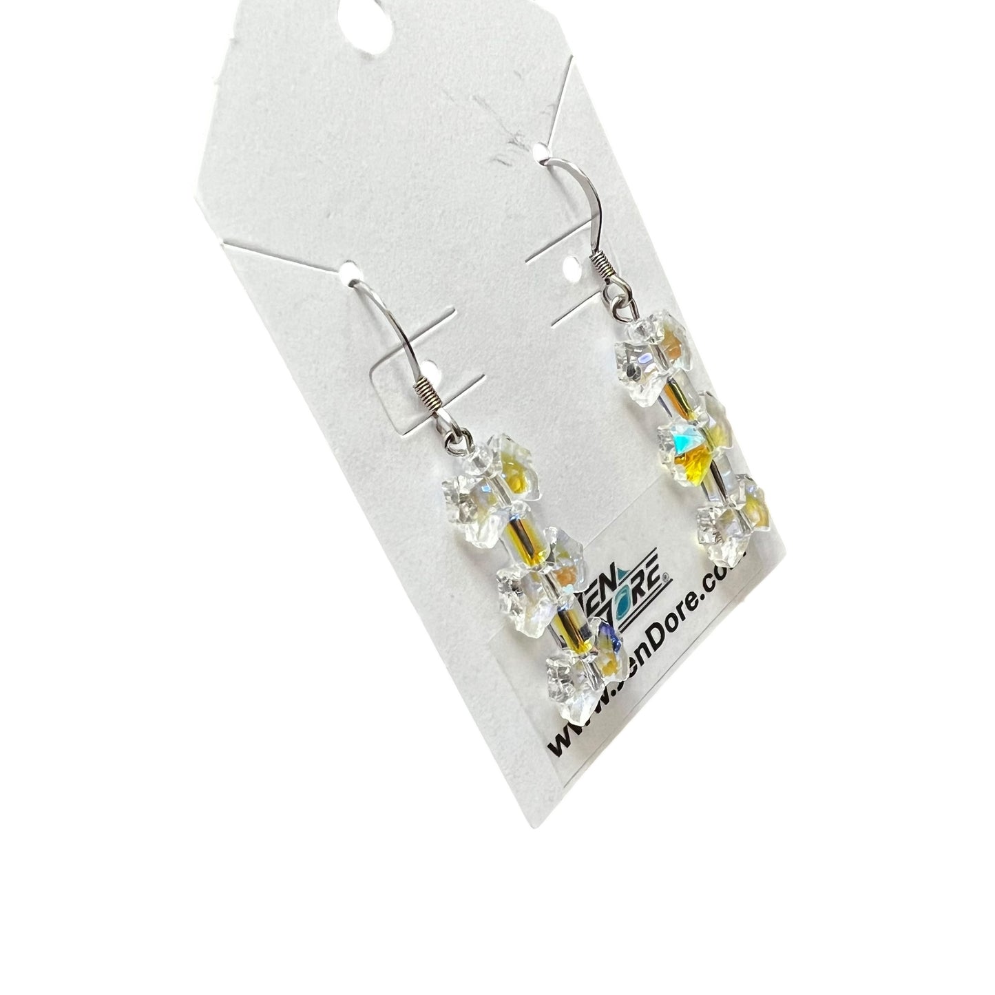 Handmade iridescent clear stacked mini bow stainless steel earrings by JenDore