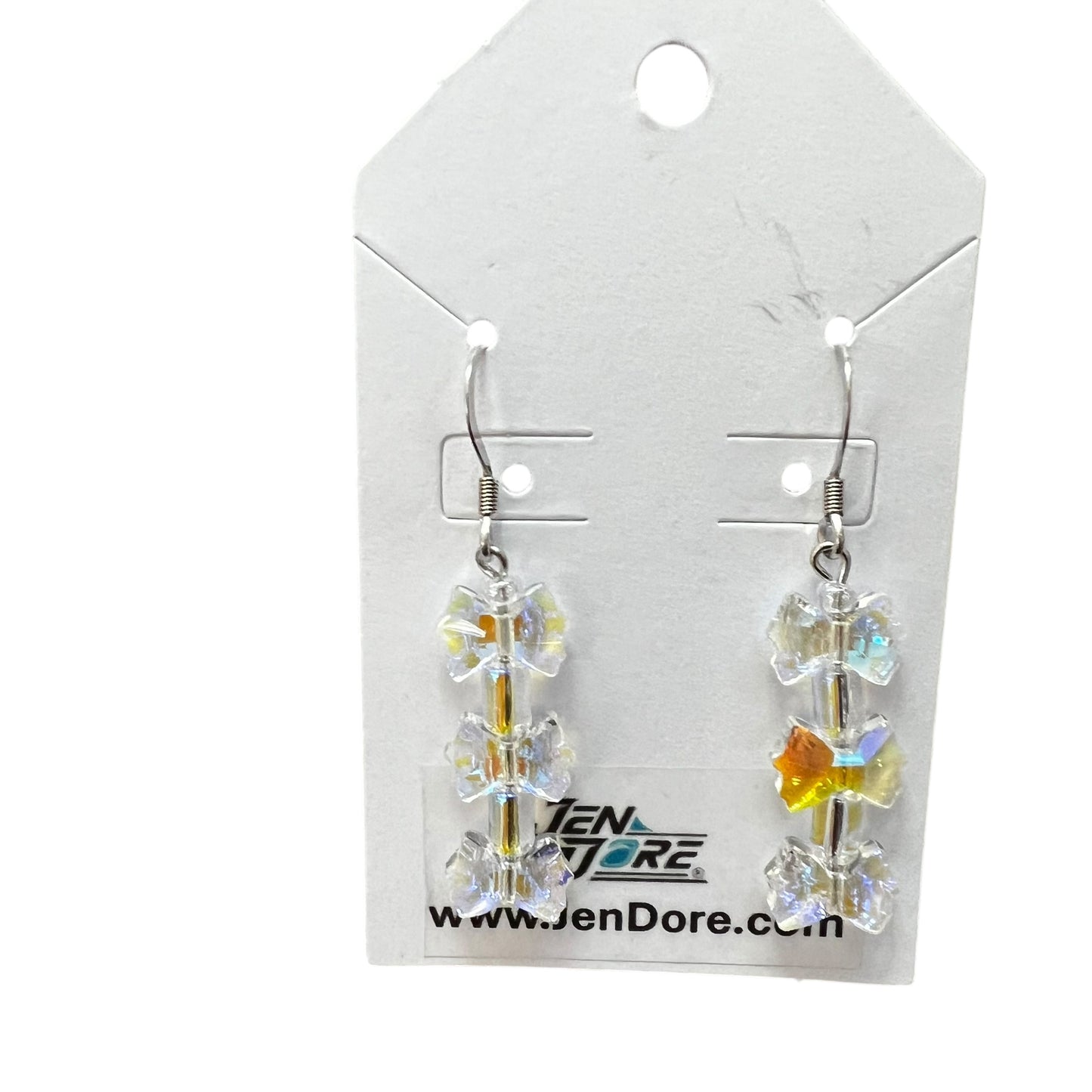 Handmade iridescent clear stacked mini bow stainless steel earrings by JenDore