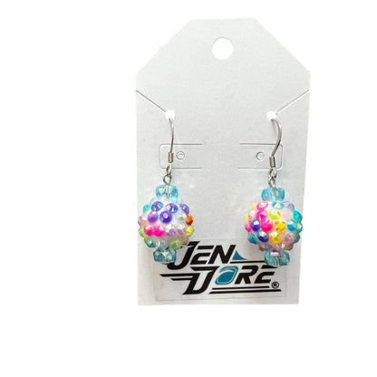 Handmade iridescent rainbow beaded cluster stainless steel earrings by JenDore, hypoallergenic lightweight jewelry