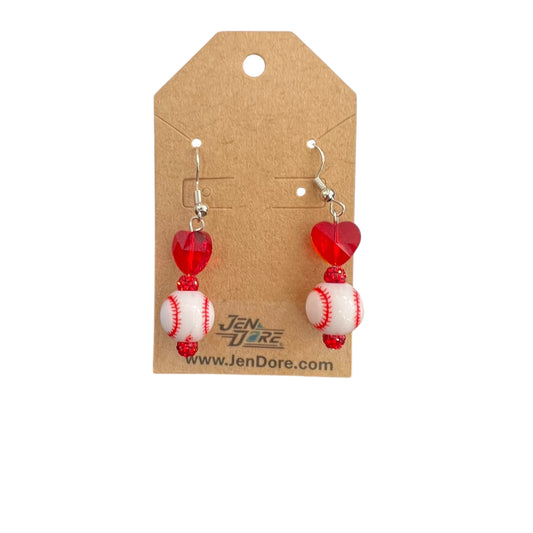 Baseball-themed earrings on a JenDore branded card against a white background