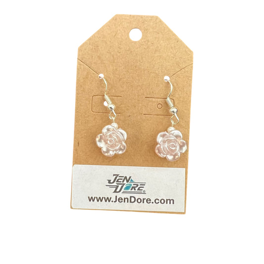 JenDore pink rose-shaped earrings on a brown card 