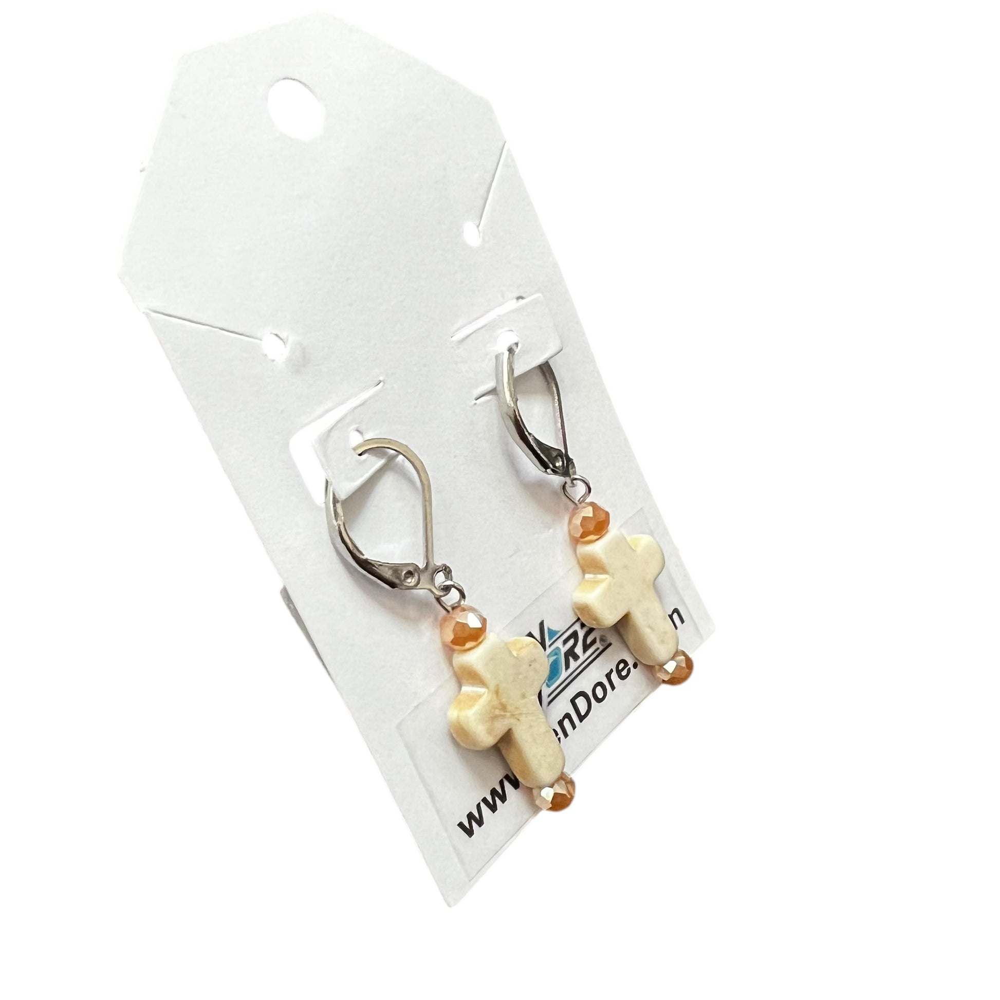 Handmade ivory tan stone cross earrings with hypoallergenic stainless steel leverback hooks, lightweight and nickel free by JenDore.