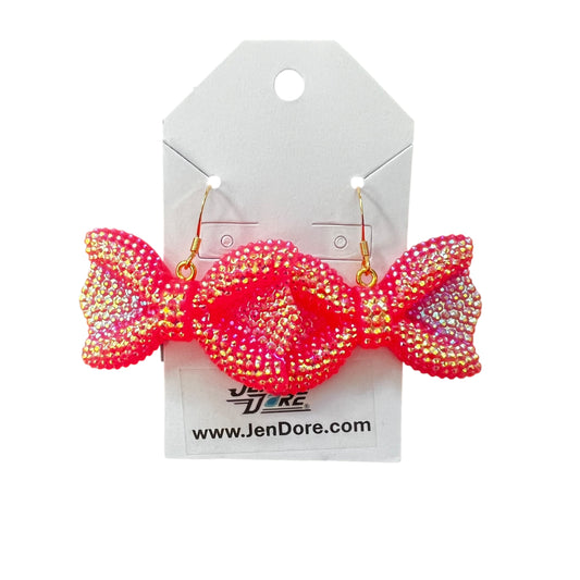 Handmade pink bow earrings with 18K gold-plated stainless steel hooks.