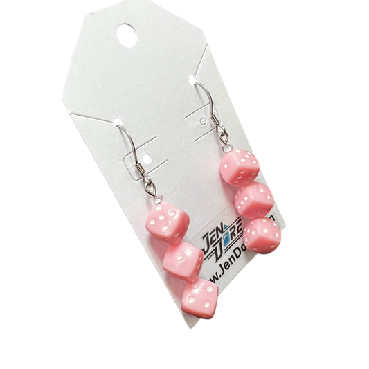 Handmade pink dice earrings with hypoallergenic stainless steel hooks, lightweight nickel-free dangle jewelry by JenDore.