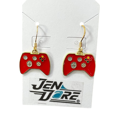 Handmade red gaming controller earrings with 18K gold plated stainless steel hooks