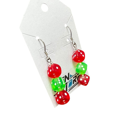 Handmade red green dice earrings with hypoallergenic stainless steel hooks, lightweight nickel-free dangle jewelry by JenDore.
