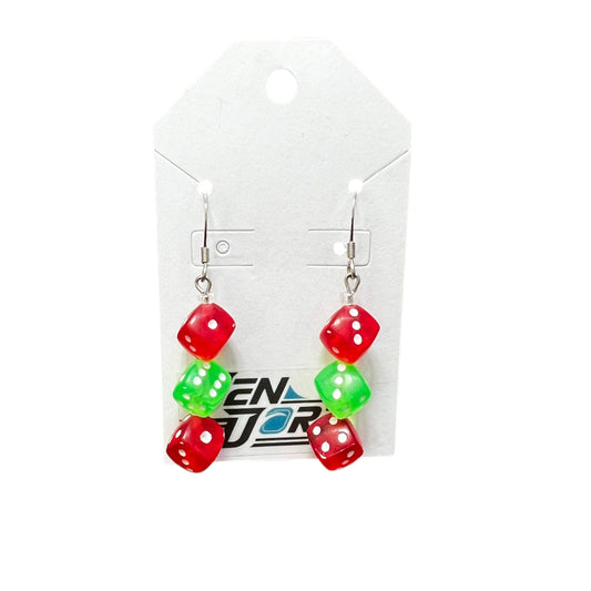 Handmade red green earrings with hypoallergenic stainless steel hooks, lightweight nickel-free dangle jewelry by JenDore.