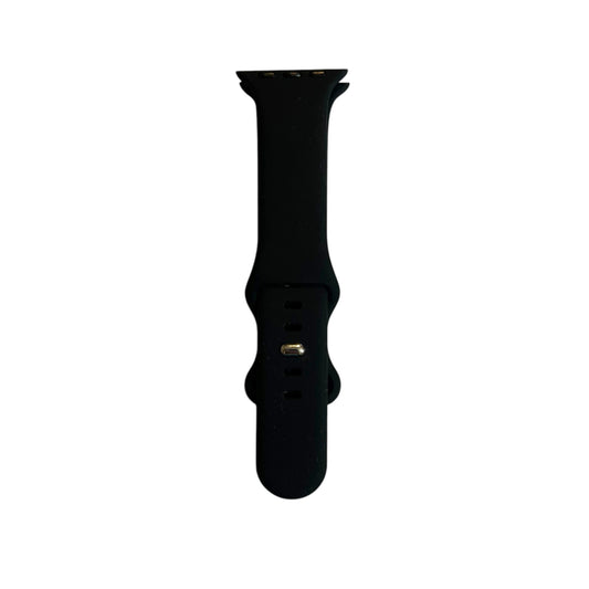 A black silicone smartwatch band for Apple Watch, showing the buckle and part of the strap.