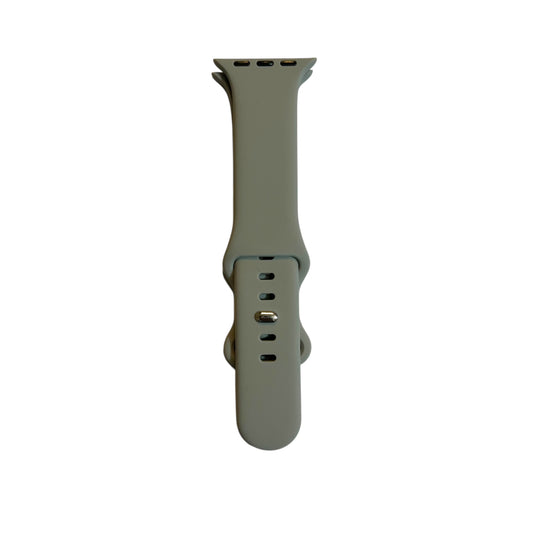 A gray soft silicone smartwatch band compatible with Apple Watch, showing the buckle and part of the strap.