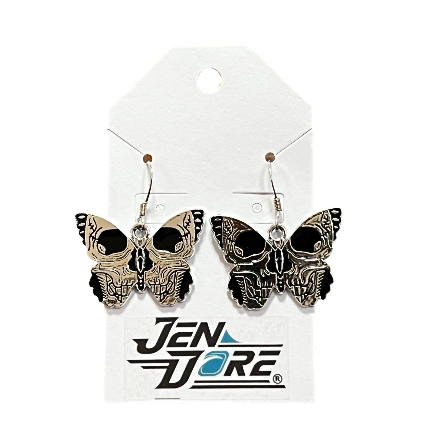 Handmade Gothic Black Butterfly Stainless Steel Dangle Earrings by JenDore on display card