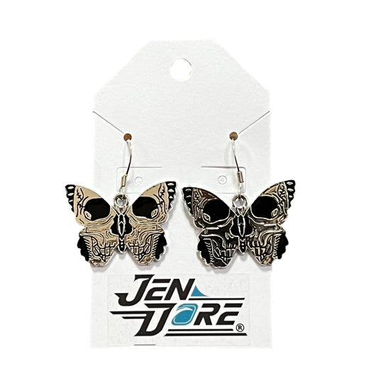 Handmade Gothic Black Butterfly Stainless Steel Dangle Earrings by JenDore on display card