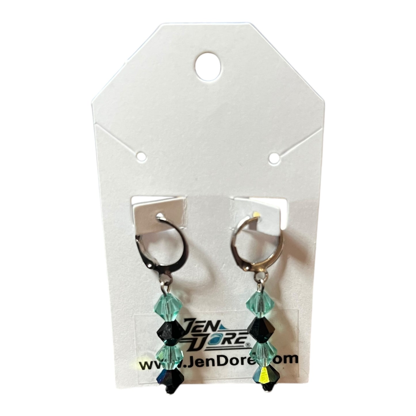 JenDore stainless steel leverback dangle earrings with Caribbean Sea and black Czech crystal bicones