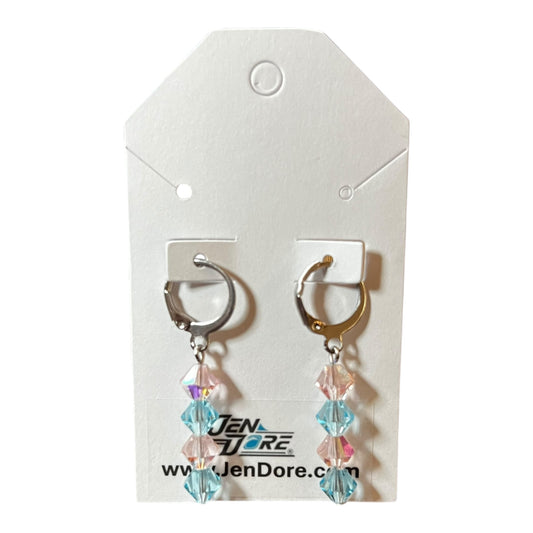 JenDore stainless steel leverback dangle earrings with light rose and aqua Czech crystal bicones