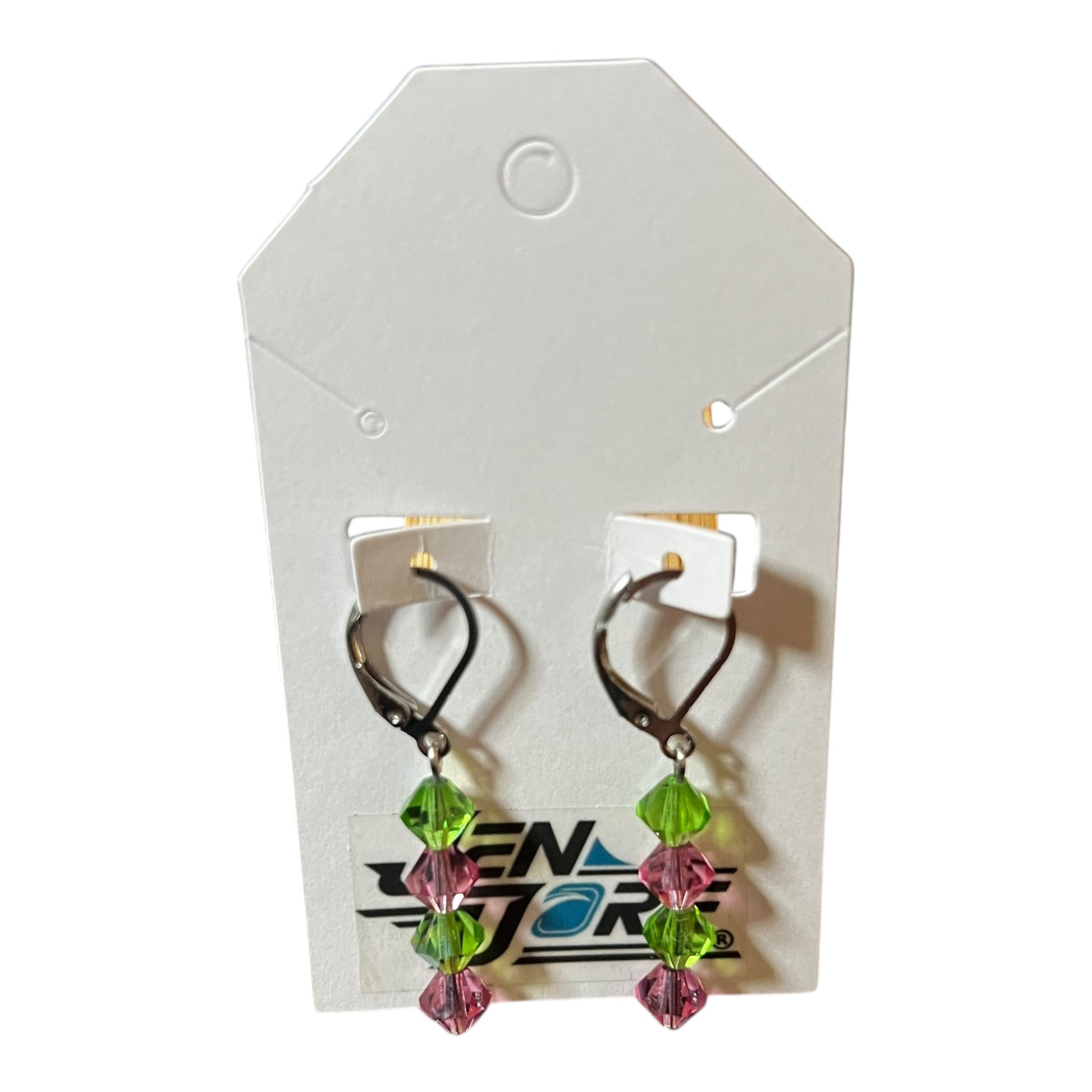 JenDore stainless steel leverback dangle earrings with rose and peridot green Czech crystal bicones